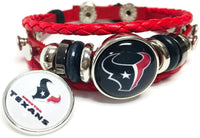 NFL Houston Texans Football Fan Red Leather Bracelet W/ Texans Logo & Blue Logo 18MM - 20MM Snap Charms