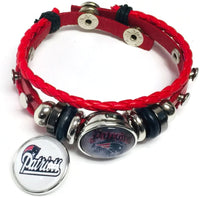 NFL Football Fan New England Patriots Red Leather Bracelet W/ Logo Grey Cool 18MM - 20MM Snap Charms