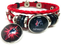 NFL Football Fan New England Patriots Red Leather Bracelet W/ Blue Man Red Blast 18MM - 20MM Snap Charms