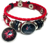 NFL Football Fan New England Patriots Red Leather Bracelet W/ Blue Man Red Blast 18MM - 20MM Snap Charms