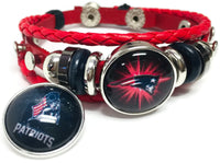 NFL Football Fan New England Patriots Red Leather Bracelet W/ Blue Man Red Blast 18MM - 20MM Snap Charms