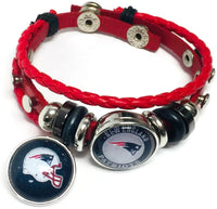 NFL Football Fan New England Patriots Red Leather Bracelet W/ Circle Logo & Helmet On Blue 18MM - 20MM Snap Charms