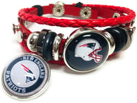 NFL Football Fan New England Patriots Red Leather Bracelet W/ Circle Logo & Helmet On Blue 18MM - 20MM Snap Charms