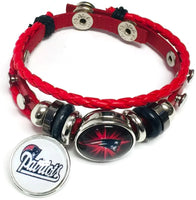 NFL Football Fan New England Patriots Red Leather Bracelet W/ White Logo & Logo Burst 18MM - 20MM Snap Charms