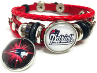 NFL Football Fan New England Patriots Red Leather Bracelet W/ White Logo & Logo Burst 18MM - 20MM Snap Charms