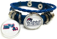 NFL Football Fan New England Patriots Blue Leather Bracelet W/ White Logo & Massachusetts 18MM - 20MM Snap Charms