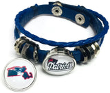 NFL Football Fan New England Patriots Blue Leather Bracelet W/ White Logo & Massachusetts 18MM - 20MM Snap Charms