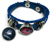 NFL Football Fan New England Patriots Blue Leather Bracelet W/ Burst & Man Logo 18MM - 20MM Snap Charms