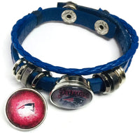 NFL Football Fan New England Patriots Blue Leather Bracelet Go Pats W 2 Logo 18MM - 20MM Snap Charms