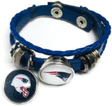 NFL Football Fan New England Patriots Blue Leather Bracelet W/ Logo & Helmet On 2  18MM - 20MM Snap Charms