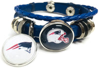 NFL Football Fan New England Patriots Blue Leather Bracelet W/ Logo & Helmet On 2  18MM - 20MM Snap Charms