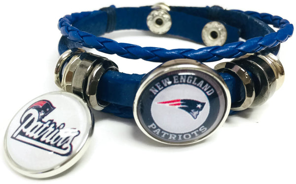 NFL Football Fan New England Patriots Blue Leather Bracelet W/ Circle Logo Pats On 2  18MM - 20MM Snap Charms