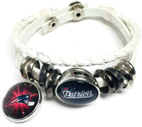 NFL New England Patriots White Leather Football Fan Pats & Red Burst Bracelet W/2 18MM - 20MM Snap Charms