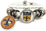 NFL New Orleans Saints Bracelet NFL Football Fan White Leather Old Gold & Shield Logo W/2 18MM - 20MM Snap Charms