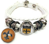 NFL New Orleans Saints Bracelet NFL Football Fan White Leather Old Gold & Shield Logo W/2 18MM - 20MM Snap Charms