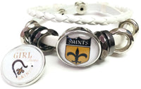 NFL New Orleans Saints Bracelet NFL Football Fan White Leather Girl Loves Saints Shield W/2 18MM - 20MM Snap Charms