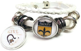 NFL New Orleans Saints Bracelet NFL Football Fan White Leather Girl Loves Saints Shield W/2 18MM - 20MM Snap Charms