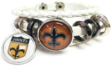 NFL Old Gold And Shield Logo New Orleans Saints Bracelet Football Fan White Leather W/2 18MM - 20MM Snap Charms