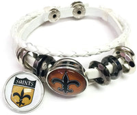 NFL Old Gold And Shield Logo New Orleans Saints Bracelet Football Fan White Leather W/2 18MM - 20MM Snap Charms