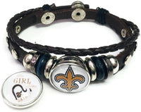 NFL New Orleans Girl Loves The Saints Logo Bracelet Football Fan Brown Leather W/2 18MM - 20MM Snap Charms