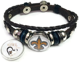 NFL New Orleans Girl Loves The Saints Logo Bracelet Football Fan Brown Leather W/2 18MM - 20MM Snap Charms