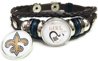 NFL New Orleans Girl Loves The Saints Logo Bracelet Football Fan Brown Leather W/2 18MM - 20MM Snap Charms