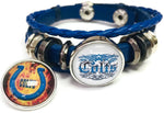 NFL Logo Indianapolis Colts Bracelet Flaming Horseshoe & Tribal Football Fan Blue Leather  W/2 18MM - 20MM Snap Charms