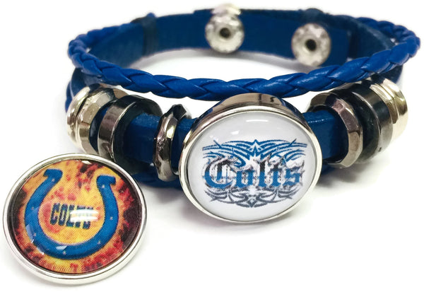 NFL Logo Indianapolis Colts Bracelet Flaming Horseshoe & Tribal Football Fan Blue Leather  W/2 18MM - 20MM Snap Charms