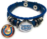 NFL Logo Indianapolis Colts Bracelet Flaming Horseshoe & Tribal Football Fan Blue Leather  W/2 18MM - 20MM Snap Charms