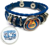 NFL Logo Indianapolis Colts Bracelet Flaming Horseshoe & Tribal Football Fan Blue Leather  W/2 18MM - 20MM Snap Charms