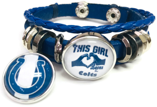 NFL Horseshoe Logo And This Girl Loves Indianapolis Colts Bracelet Blue Leather Football Fan W/2 18MM - 20MM Snap Charms