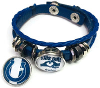 NFL Horseshoe Logo And This Girl Loves Indianapolis Colts Bracelet Blue Leather Football Fan W/2 18MM - 20MM Snap Charms