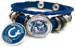 NFL Logo Horseshoe Game Face Blue Indianapolis Colts Bracelet Blue Leather Football Fan W/2 18MM - 20MM Snap Charms