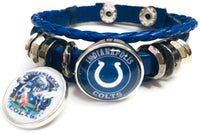 NFL Logo Horseshoe Game Face Blue Indianapolis Colts Bracelet Blue Leather Football Fan W/2 18MM - 20MM Snap Charms