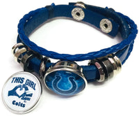 NFL Blue Smoke Horseshoe And Girl Loves Indianapolis Colts Bracelet Blue Leather Football Fan W/2 18MM - 20MM Snap Charms