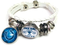 NFL Girl Loves Colts & Smokey Blue Horseshoe Indianapolis Colts Bracelet White Leather Football Fan W/2 18MM - 20MM Snap Charms
