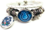 NFL Game Face Blue Smokey Horseshoe Indianapolis Colts Bracelet White Leather Football Fan W/2 18MM - 20MM Snap Charms