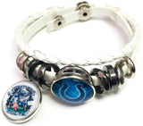 NFL Game Face Blue Smokey Horseshoe Indianapolis Colts Bracelet White Leather Football Fan W/2 18MM - 20MM Snap Charms