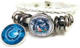 NFL Game Face Blue Smokey Horseshoe Indianapolis Colts Bracelet White Leather Football Fan W/2 18MM - 20MM Snap Charms