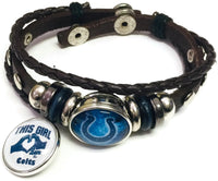 NFL Smokey Horseshoe & Girl Loves The Indianapolis Colts Bracelet Brown Leather Football Fan W/2 18MM - 20MM Snap Charms