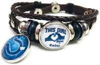 NFL Smokey Horseshoe & Girl Loves The Indianapolis Colts Bracelet Brown Leather Football Fan W/2 18MM - 20MM Snap Charms