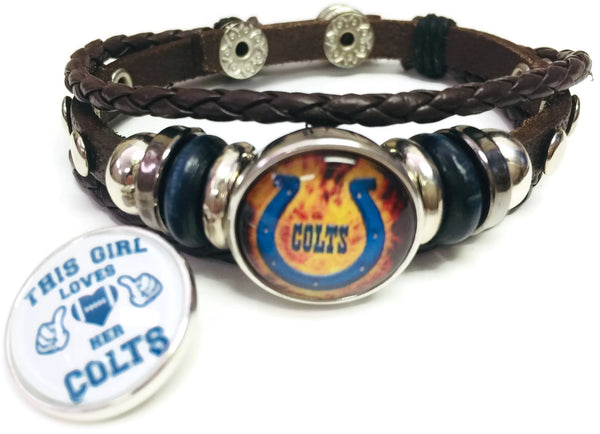 NFL Flaming Blue Horseshoe & Girl Loves Her Indianapolis Colts Bracelet Brown Leather Football Fan W/2 18MM - 20MM Snap Charms