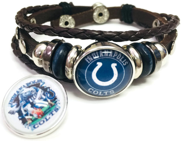 NFL Game Face Blue And Cool Horseshoe Indianapolis Colts Bracelet Brown Leather Football Fan W/2 18MM - 20MM Snap Charms
