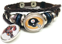 NFL Pittsburgh Steelers Bracelet Game Face & Helmet NFL Football Fan Brown Leather  W/2 18MM - 20MM Snap Charms