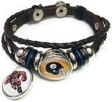 NFL Pittsburgh Steelers Bracelet Game Face & Helmet NFL Football Fan Brown Leather  W/2 18MM - 20MM Snap Charms