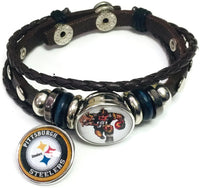 NFL Pittsburgh Steelers Bracelet Game Face & Circle Logo NFL Football Fan Brown Leather  W/2 18MM - 20MM Snap Charms