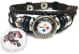 NFL Pittsburgh Steelers Bracelet Game Face & Circle Logo NFL Football Fan Brown Leather  W/2 18MM - 20MM Snap Charms
