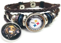 NFL Pittsburgh Steelers Bracelet Circle & Cool Black Helmet Logo Football Fan Brown Leather  W/2 18MM - 20MM Snap Charms