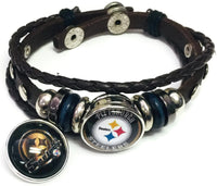 NFL Pittsburgh Steelers Bracelet Circle & Cool Black Helmet Logo Football Fan Brown Leather  W/2 18MM - 20MM Snap Charms