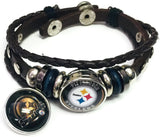 NFL Pittsburgh Steelers Bracelet Circle & Cool Black Helmet Logo Football Fan Brown Leather  W/2 18MM - 20MM Snap Charms